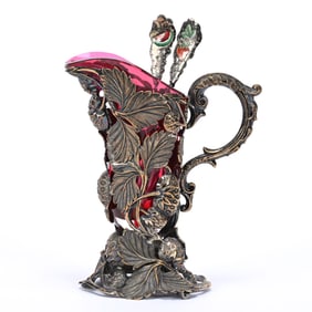 Creamer, Cased Cranberry Vase Set In Metal Frame