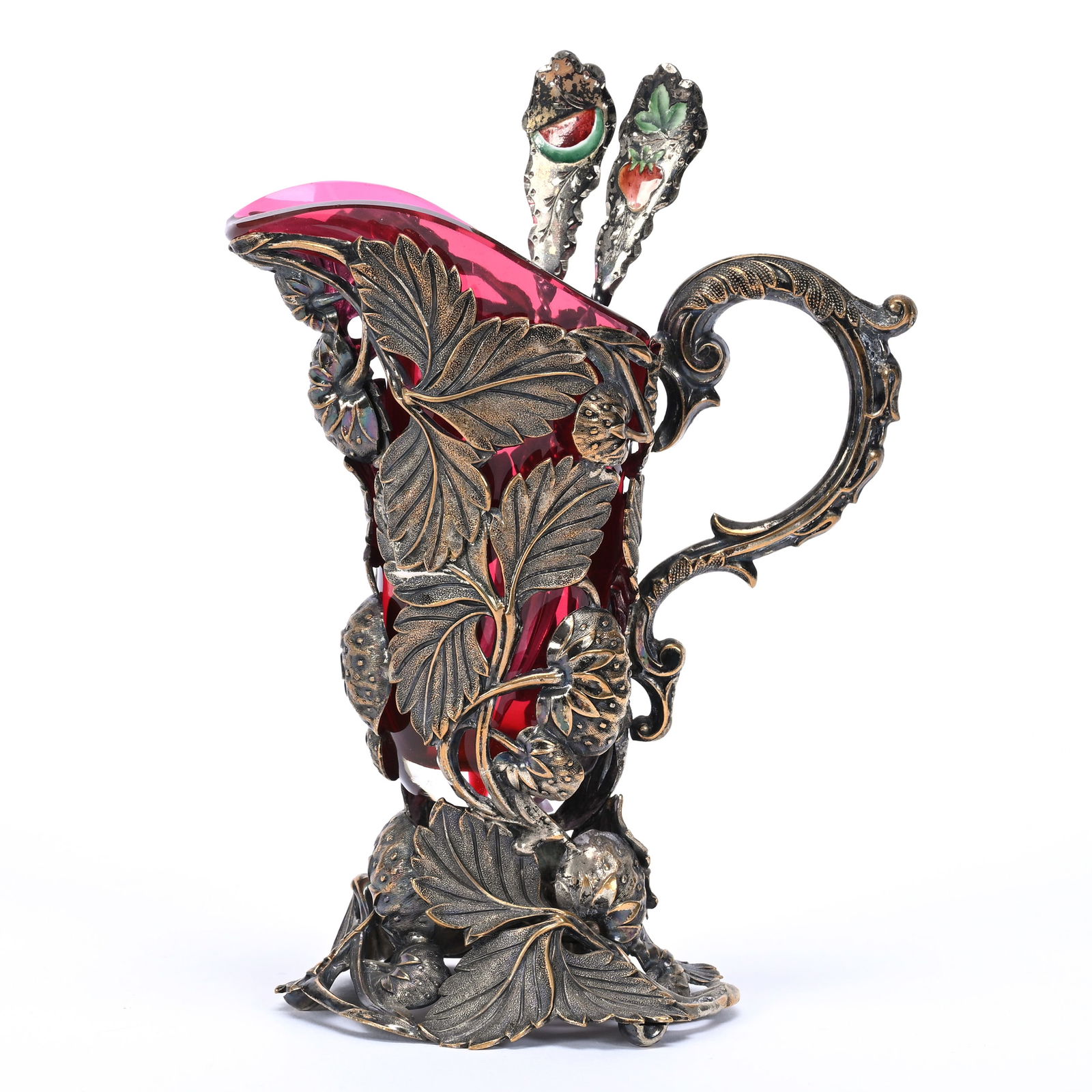 Creamer, Cased Cranberry Vase Set In Metal Frame (1 of 4)