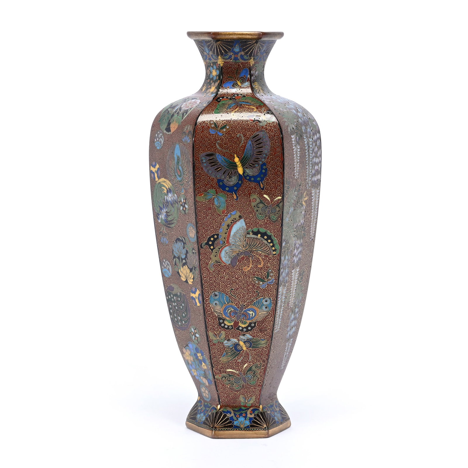 Vase, Japanese Cloisonne: Vase, Japanese Cloisonne, 6.5" x 2.5", Bronze Ground, Colorful Floral, Butterfly And Circular Design, Six-Sided, Frank Cox Estate, Denver, Colorado.