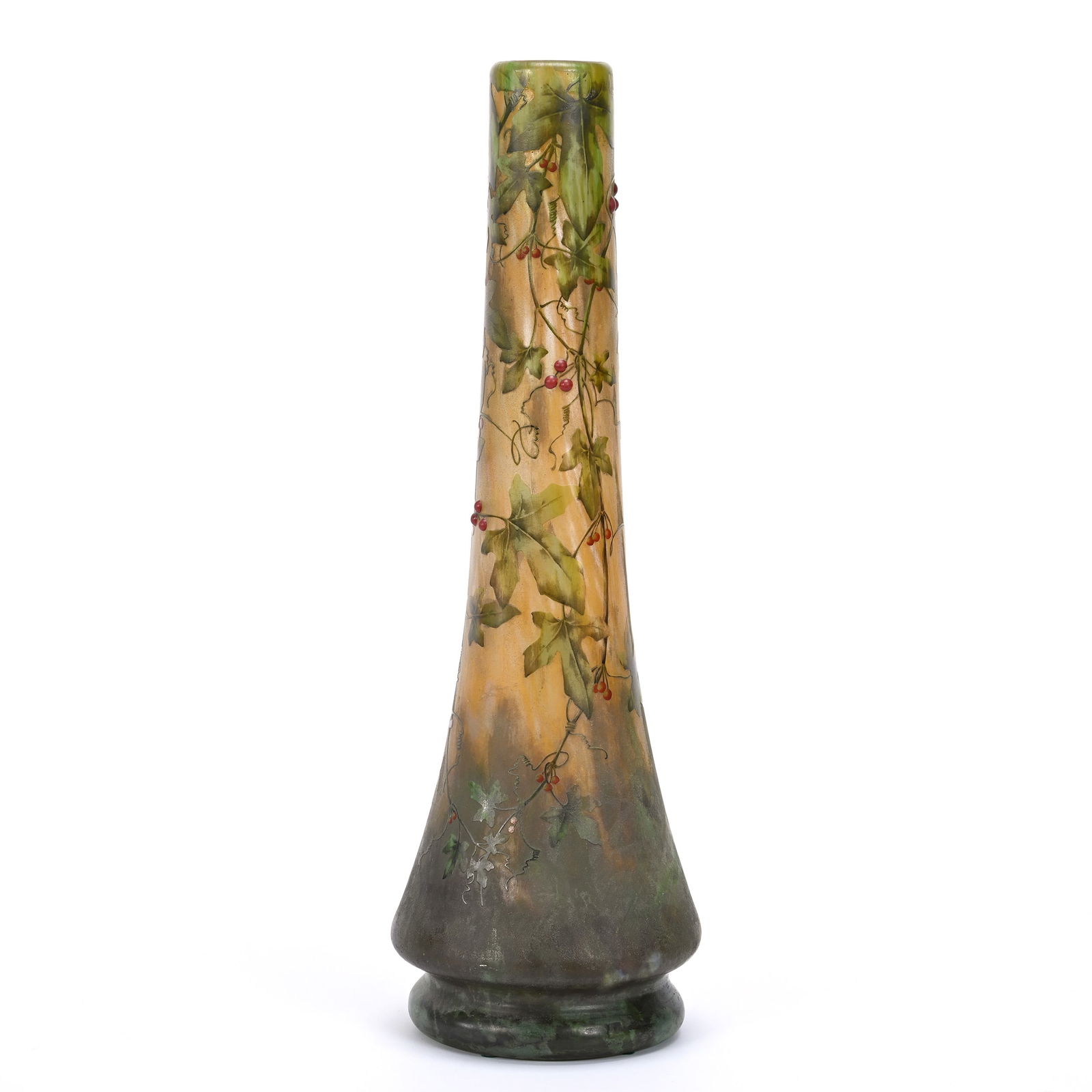 Vase Signed Daum Nancy French Cameo Art Glass: Vase Signed Daum Nancy French Cameo Art Glass, 21.5" x 6.75", Cameo Cut Green Vine Decor With Applied Berries, Enamel Highlights, Exceptional Quality, Tapered Form, Frank Cox Estate, Denver, Colorado.