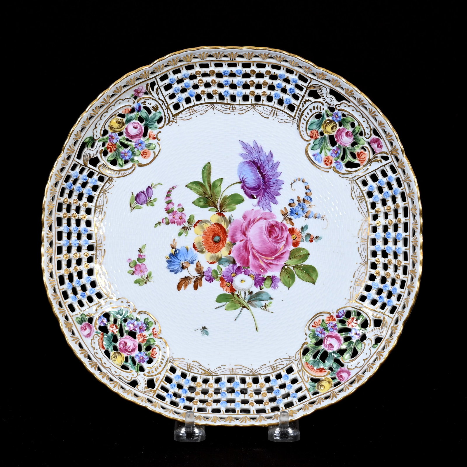 Shallow Bowl Marked Dresden: Shallow Bowl Marked Dresden, 9.25", Colorful Floral Decor, Highly Reticulated Edge, Frank Cox Estate, Denver, Colorado.