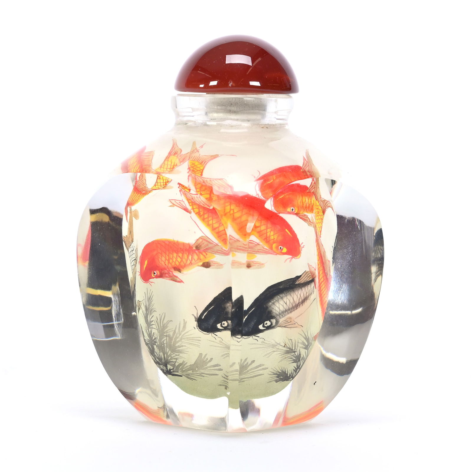 Snuff Bottle, Interior Reverse Painted: Snuff Bottle, Interior Reverse Painted, 3.5" x 2.25", Koi Fish Design, Unknown Age, Spoon Broken Off, Frank Cox Estate, Denver, Colorado.