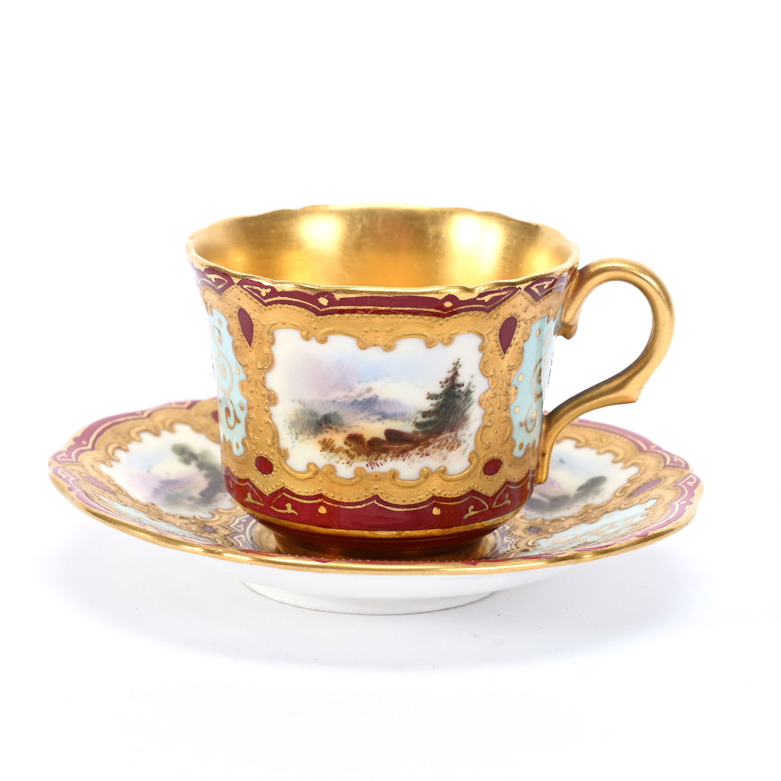 Demitasse Cup/Saucer, Coalport England: Demitasse Cup/Saucer, Coalport England, 2" x 3.5", Made For Jeweler Richard Griggs, Boston, Maroon Border With Blue Panels Alternating With Hand Painted Scenic Panels, Heavy Gold Highlights, Frank Cox