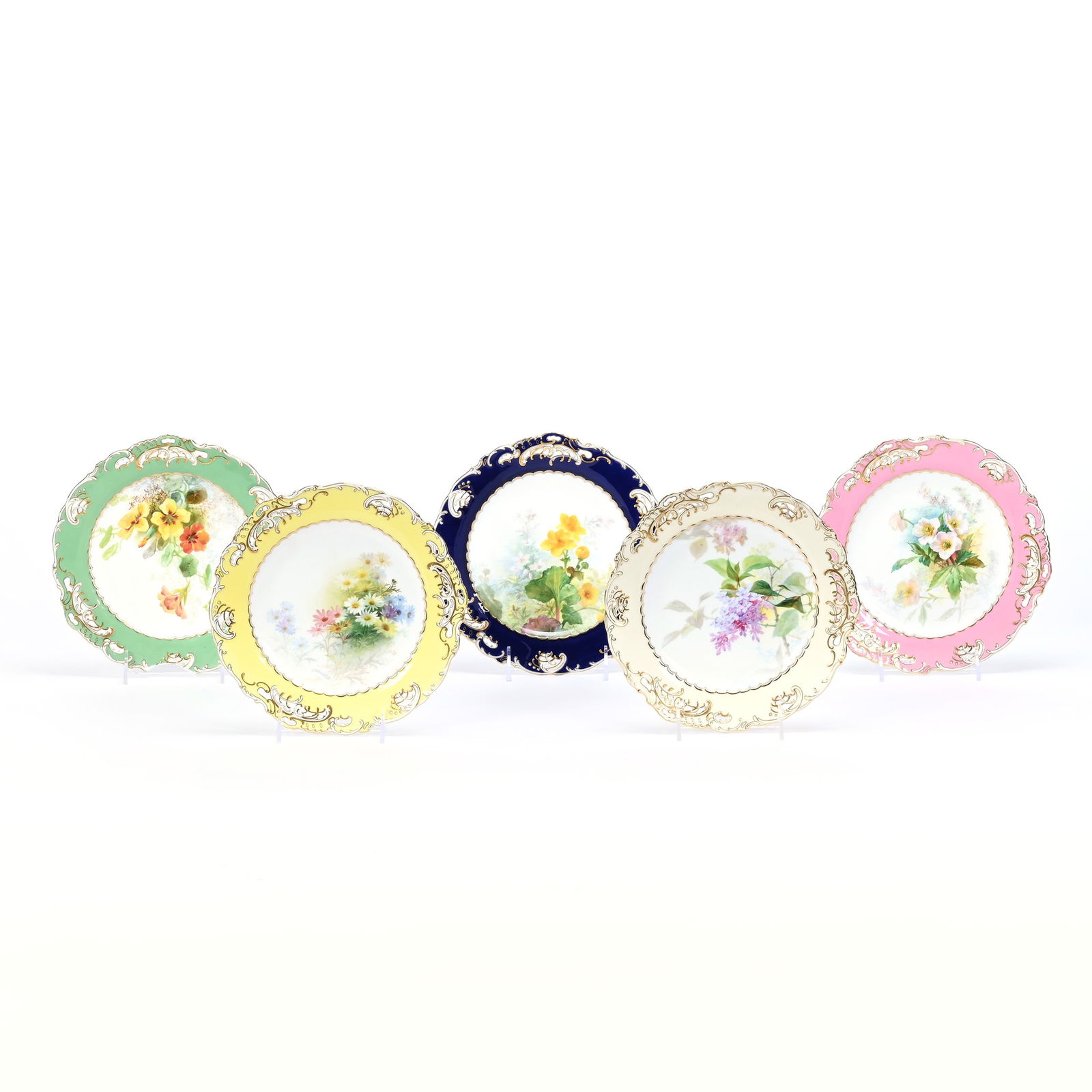 (5) Plates, Minton China,: (5) Plates, Minton China, 9.25", Each Has Different Color Border Including Cream, Green, Pink, Yellow And Cobalt, Center Of Wild Floral Decors, All Are Artist Signed, Plate With Green Border Has Large