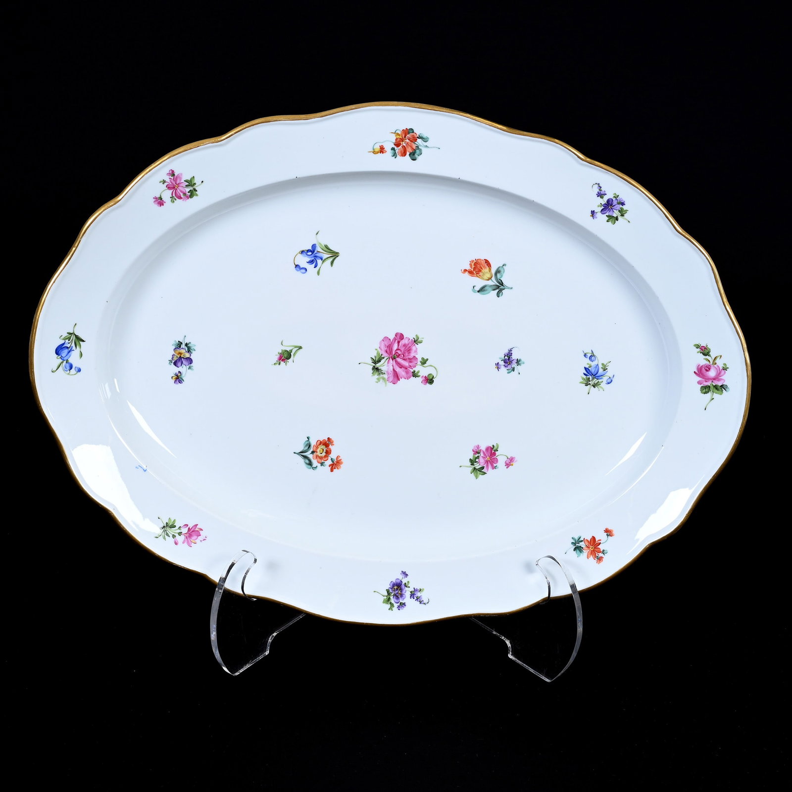 Platter, Meissen Blue Crossed Swords Mark: Platter, Meissen Blue Crossed Swords Mark, 20.75" x 15.5", Strewn Flowers Pattern, Frank Cox Estate, Denver, Colorado.