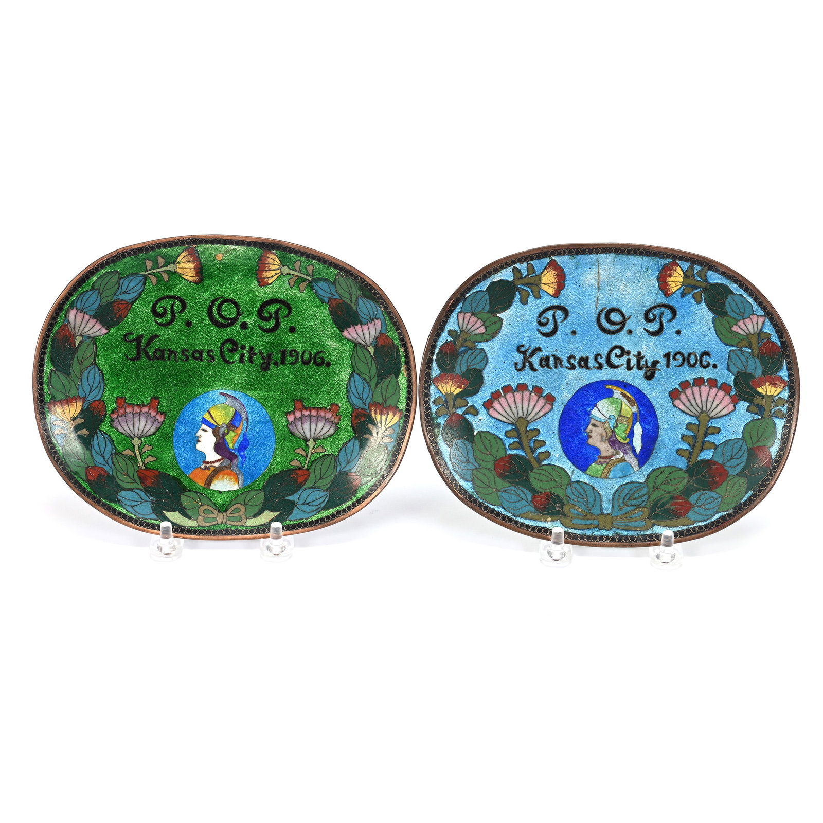 (2) Oval Cloisonne Trays, "P.O.P. 1906 Kansas City": (2) Oval Cloisonne Trays, "P.O.P. 1906 Kansas City", 7" x 5.5", P.O.P. (Priests Of Pallas), Japanese Cloisonne, Frank Cox Estate, Denver, Colorado.