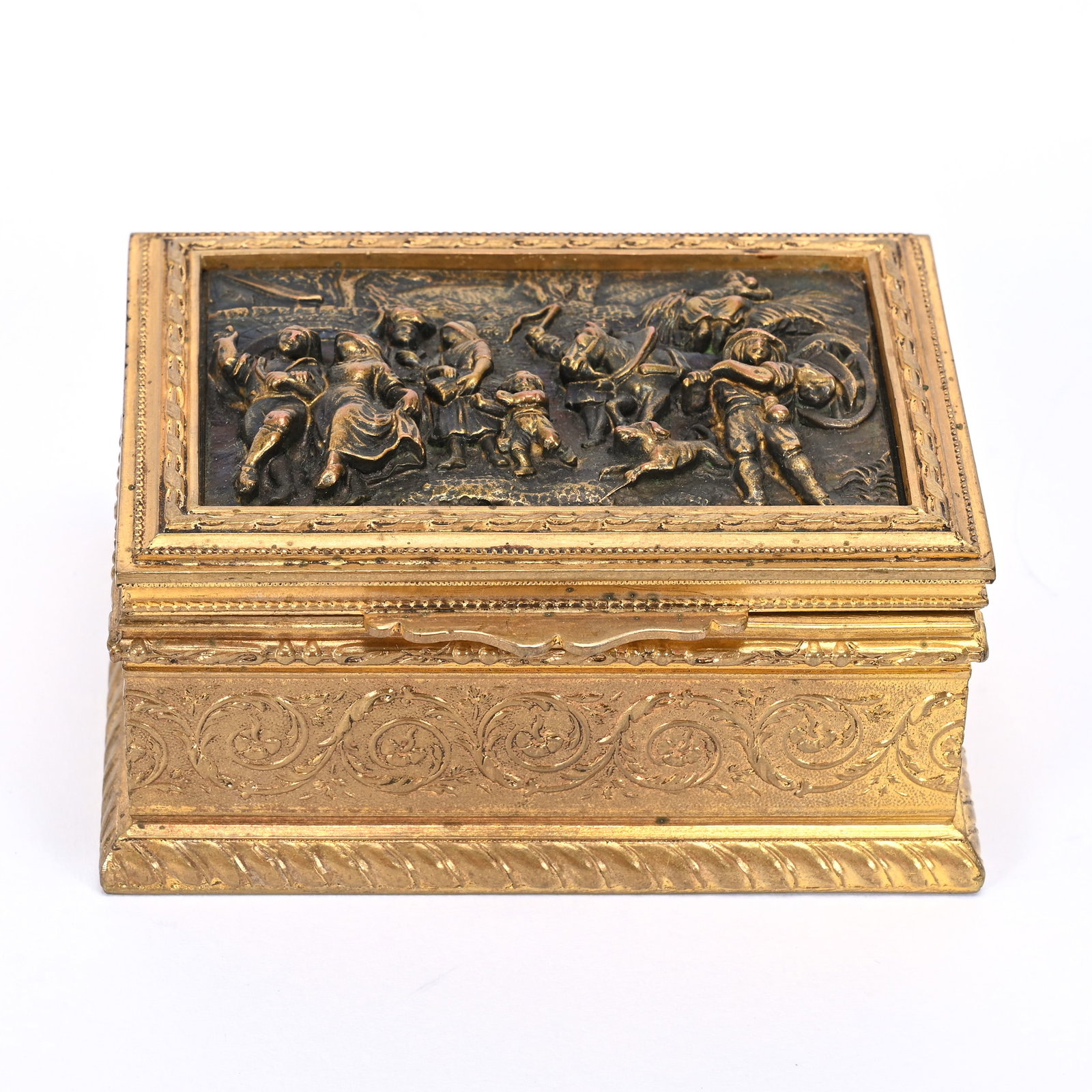 Jewel Box, Brass W/Three Dimensional Scenic Lid: Jewel Box, Brass W/Three Dimensional Scenic Lid, 2" x 3.75" x 2.75", Wood Lined Interior, Late 1800's, Frank Cox Estate, Denver, Colorado.
