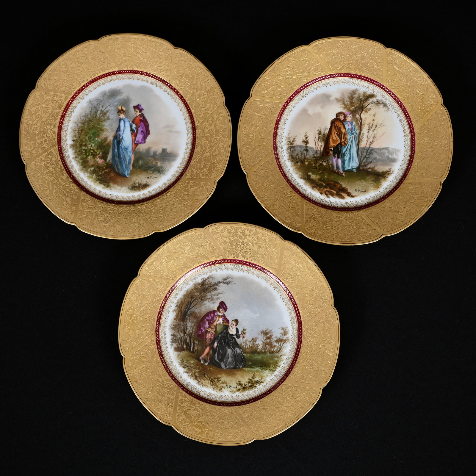 (3) Plates, Jules Etienne French Porcelain: (3) Plates, Jules Etienne French Porcelain, 9.5", Hand Painted Courting Scenes, Artist Signed M. Picard, Brocaded Gold Border, Frank Cox Estate, Denver, Colorado.