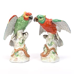 Pair Parrots On Perch, 20th Century French Porcelain