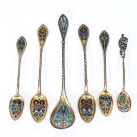 (6) Spoons, Sterling & Plique A Jour