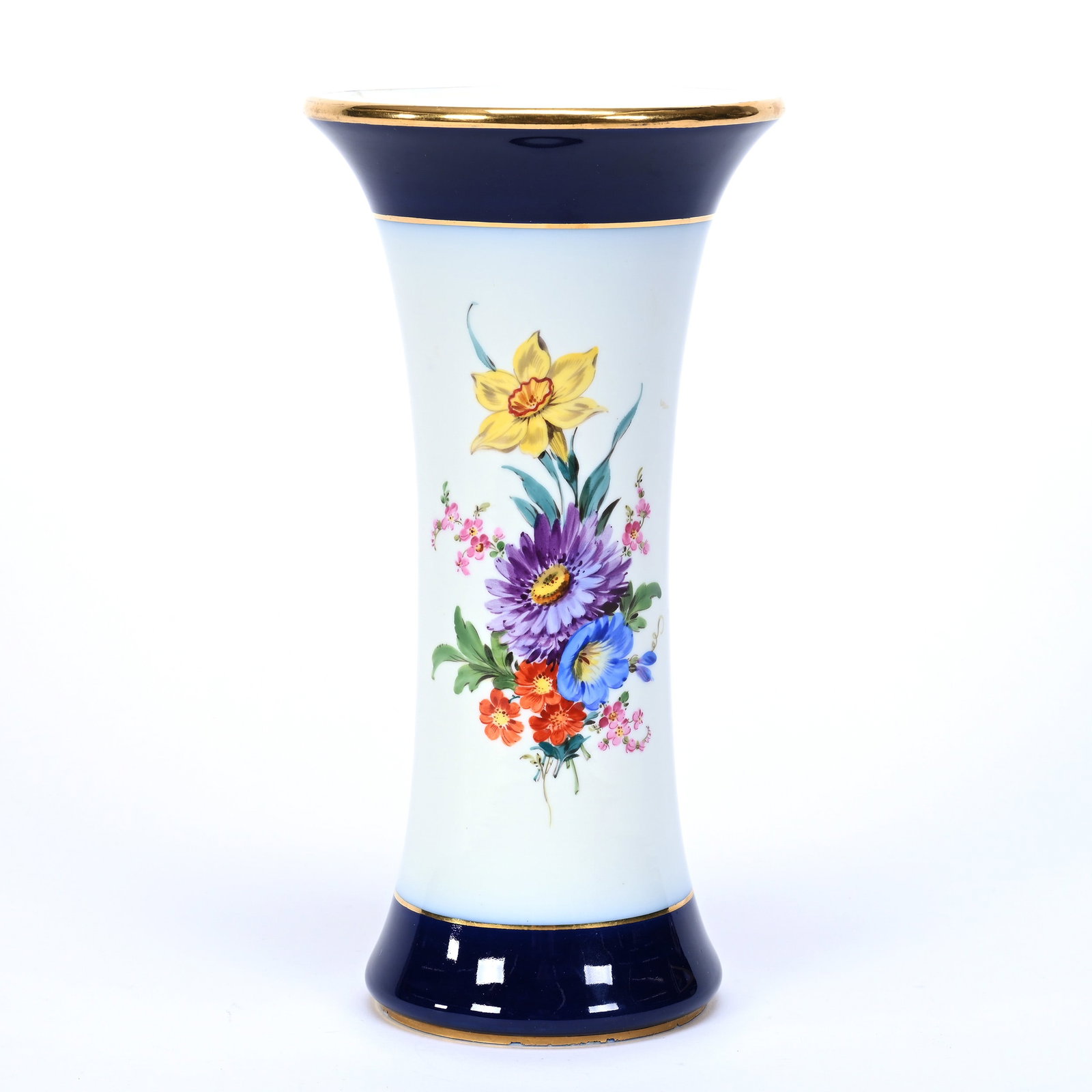 Vase, Meissen Blue Crossed Swords Mark: Vase, Meissen Blue Crossed Swords Mark, 9.5" x 4.75", White With Colorful Floral Decor, Cobalt Blue Border, Frank Cox Estate, Denver, Colorado.