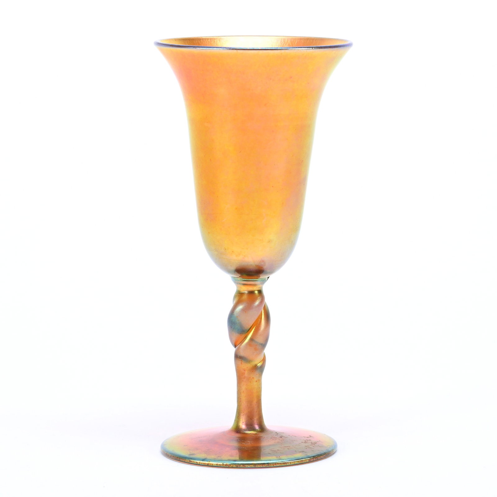 Wine Stem Marked Steuben Aurene Haviland: Wine Stem Marked Steuben Aurene Haviland, 4.75" x 2.25", Art Glass, Markings Are Difficult To Read, Gold Iridescence, Twist Stem, Frank Cox Estate, Denver, Colorado.