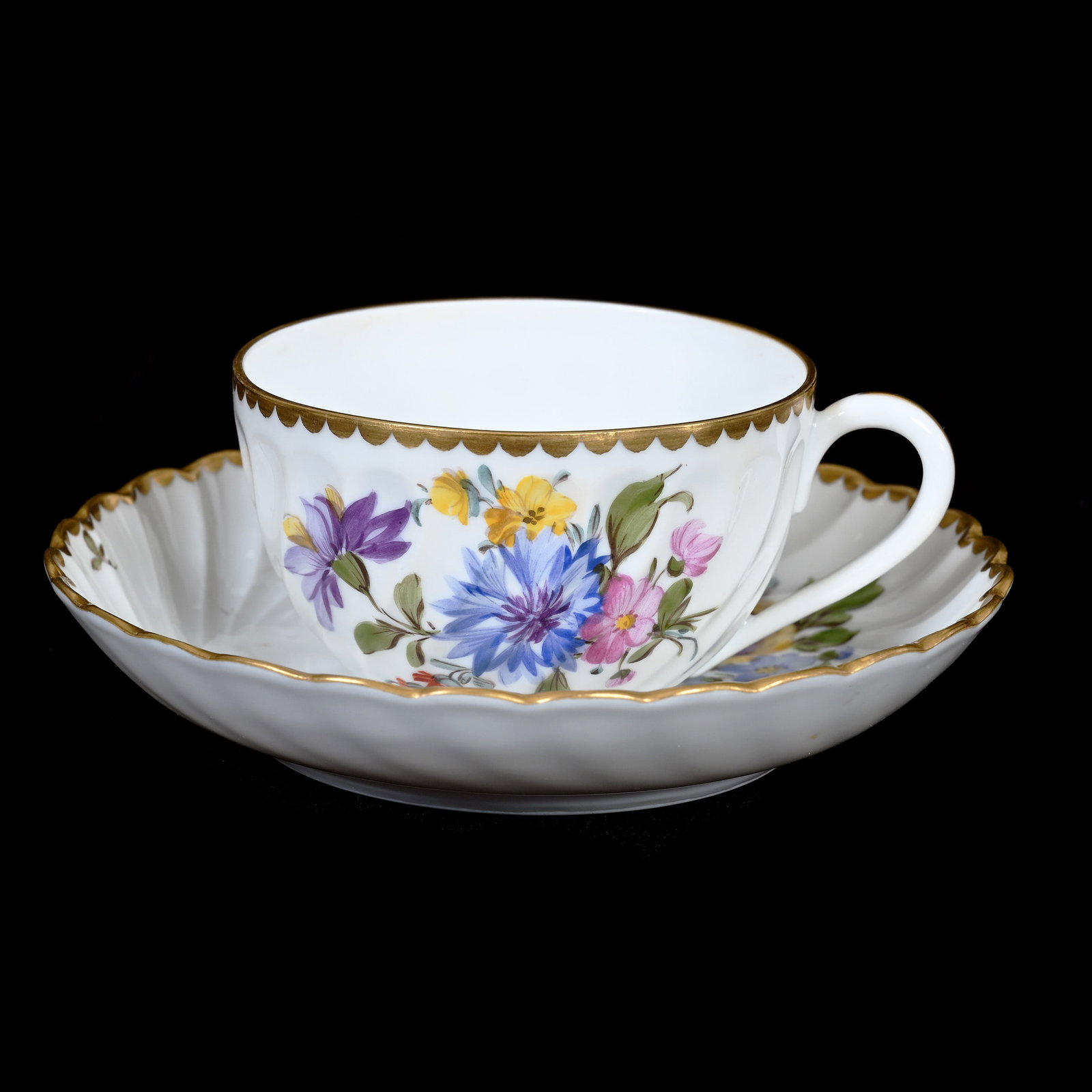 Demitasse Cup & Saucer Marked Mymthenburg: Demitasse Cup & Saucer Marked Mymthenburg, 1.75" x 4.25", White With Colorful Floral Decor, Frank Cox Estate, Denver, Colorado.