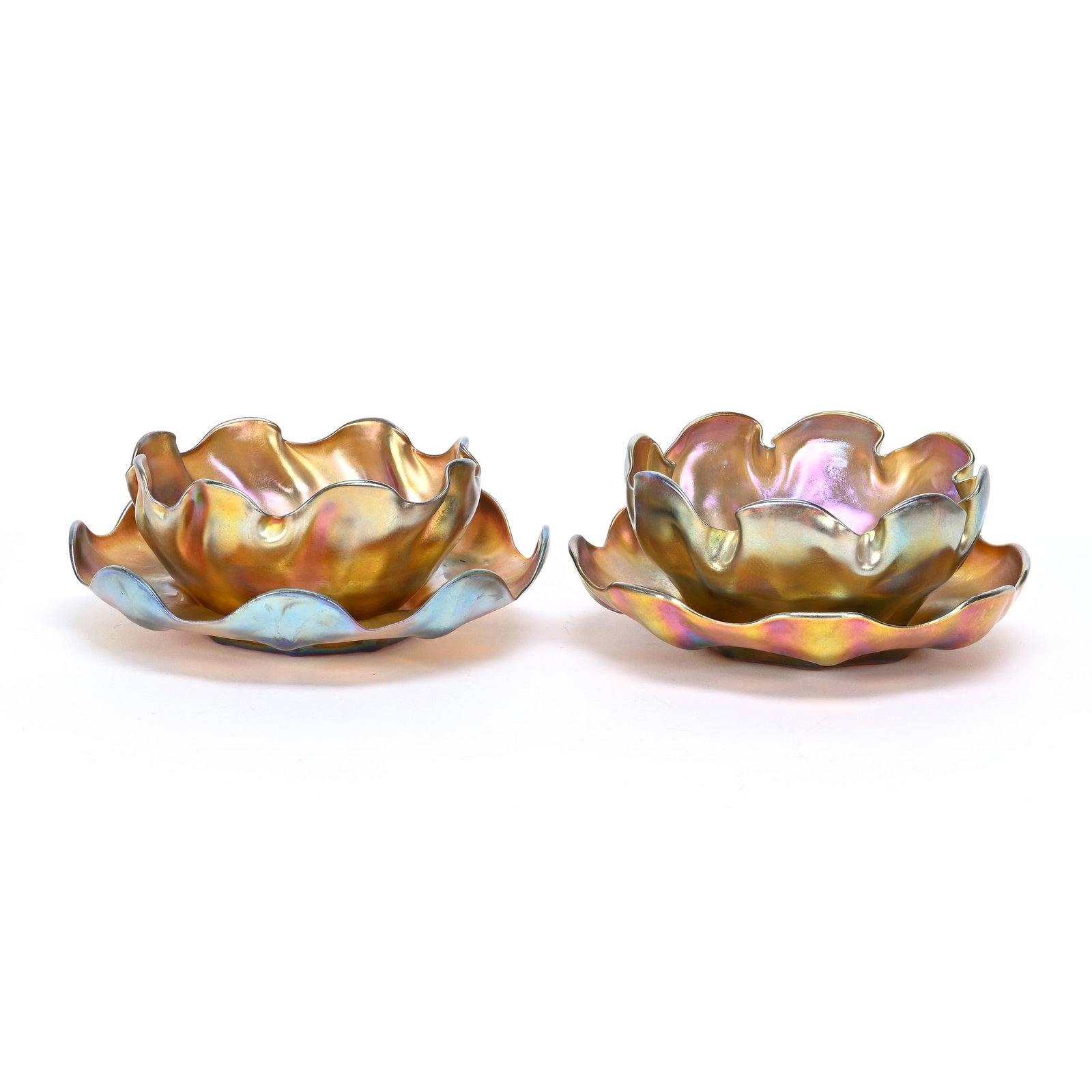 Pair Finger Bowls/Underplates Signed LCT: Pair Finger Bowls/Underplates Signed LCT, 2.5" x 6.25", Gold Iridescent Favrile Art Glass, Quality Scalloped Rims, Nice Pair, Frank Cox Estate, Denver, Colorado.
