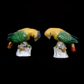 Pair Figurines Marked Dresden, Perched Parrots