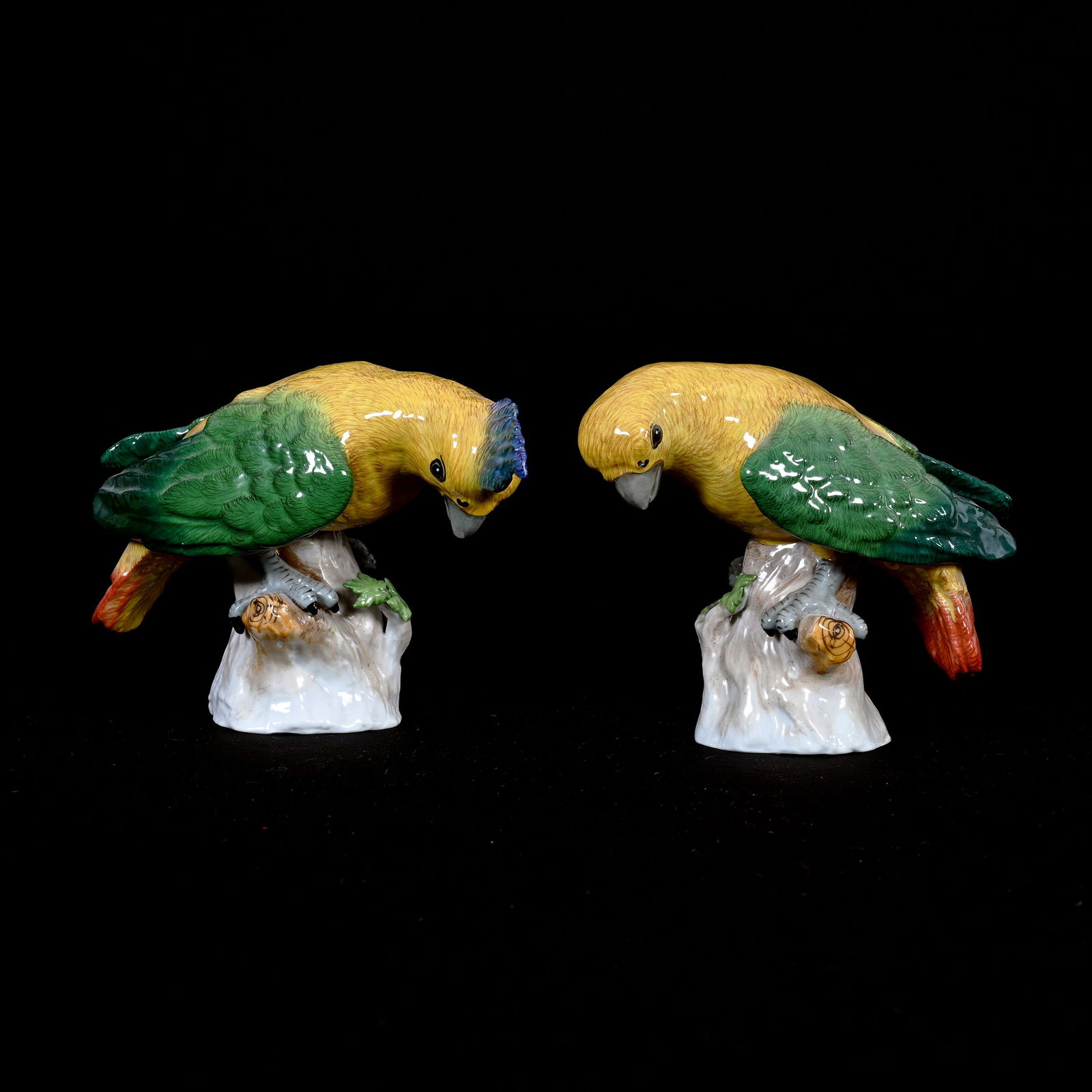 Pair Figurines Marked Dresden, Perched Parrots (1 of 3)