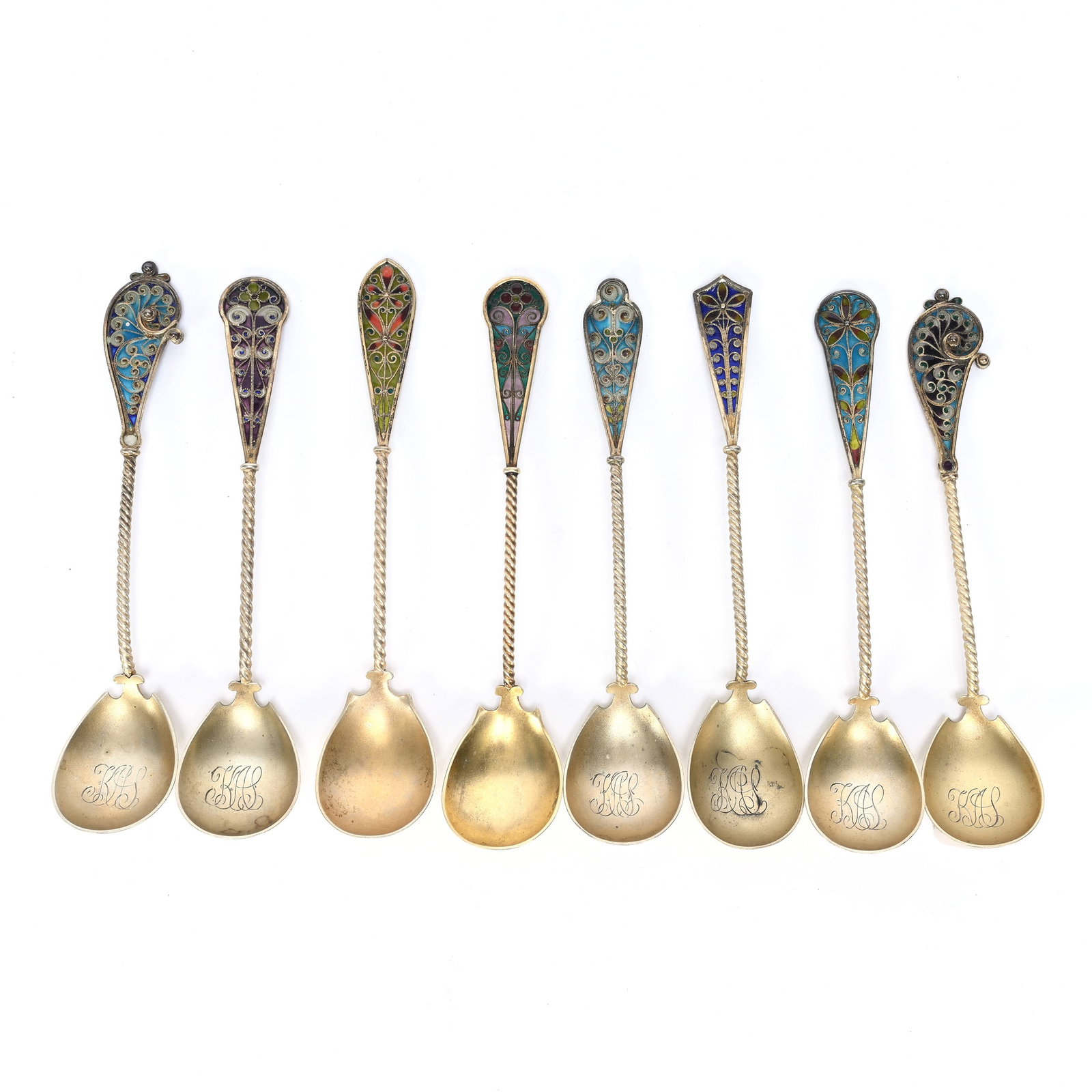(8) Spoons Marked JT (James Tostrup) 830 Silver: (8) Spoons Marked JT (James Tostrup) 830 Silver, 5.25" approximately, All With Gold Wash, Some With Monogrammed Bowls, James Tostrup, Norwegian Artist, Frank Cox Estate, Denver, Colorado.