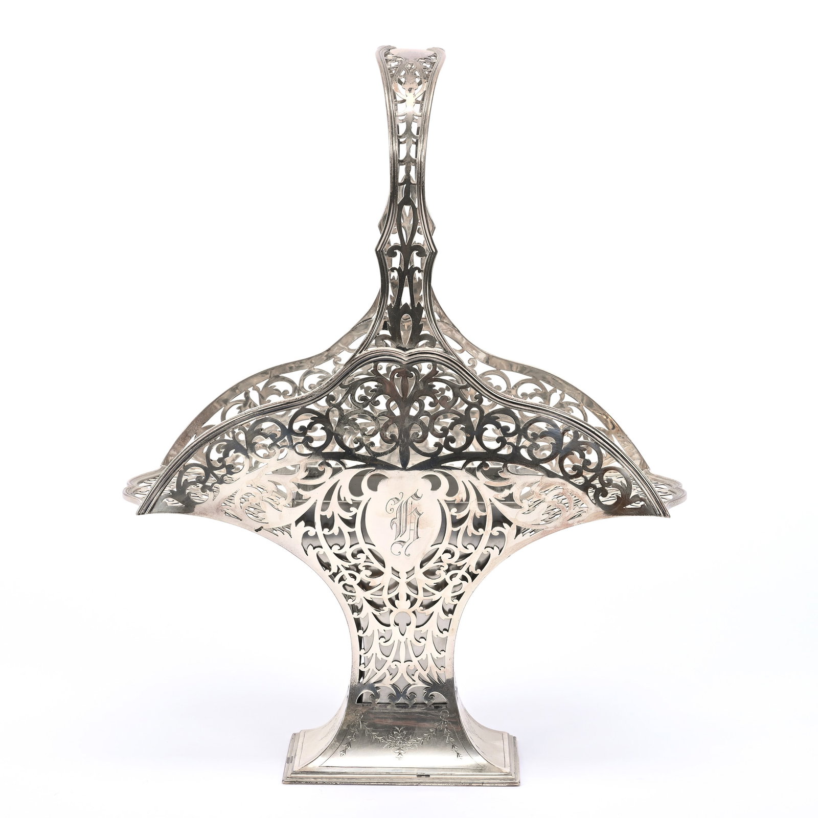 Basket, Sterling Silver Marked Reed & Barton #225A: Basket, Sterling Silver Marked Reed & Barton #225A, 16.5" x 12.75" x 6.5", Fully Reticulated With Monogram, Original Silverplate Removable Liner, Total Weight Without The Liner Is 990 Grams, Frank Cox