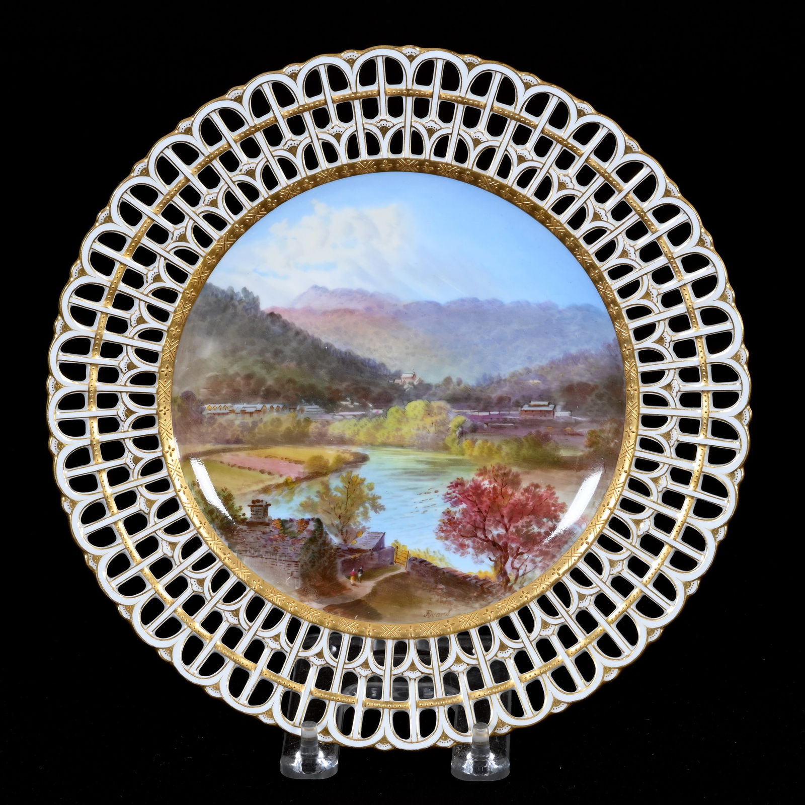 Plate Marked Minton Titled "Betws-Y-Coed": Plate Marked Minton Titled "Betws-Y-Coed", 9.25", Hand Painted Valley Scene, Artist Signed, Heavy Reticulated Border, Made For A. French & Company Boston, Pictures A Vacation Place, Frank Cox Estate,