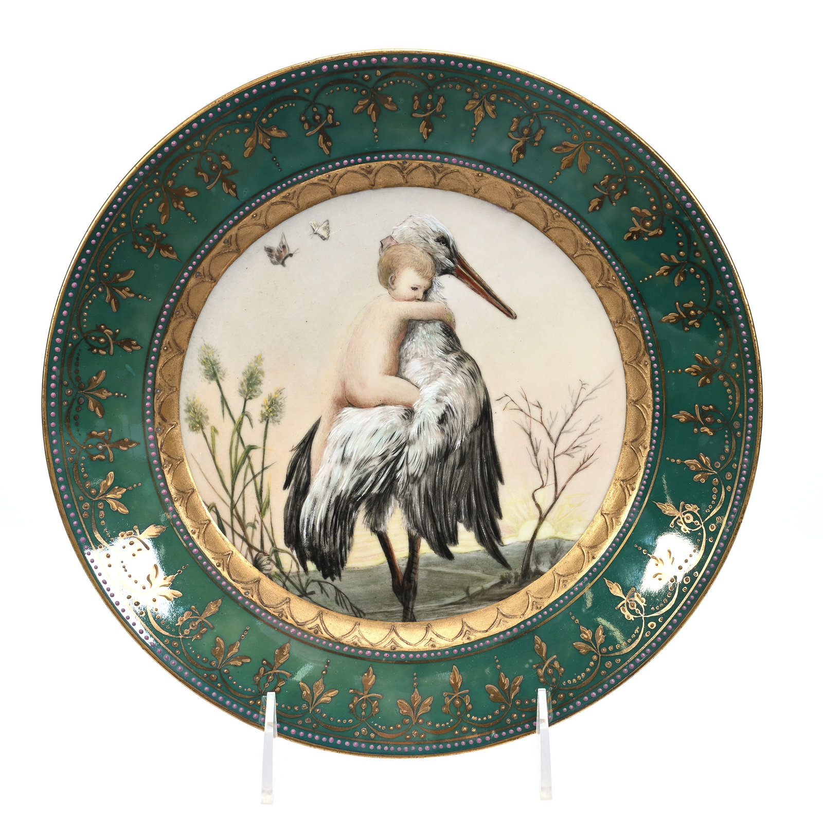 Plate, Crown Meissen Porcelain: Plate, Crown Meissen Porcelain, 9.5", Hand Painted Scene Of Child Clinging To Stork's Back, Iridescent Green Border, Gold Trim Highlights, Frank Cox Estate, Denver, Colorado.