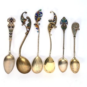(6) Silver & Plique A Jour Spoons, Elaborate Handles