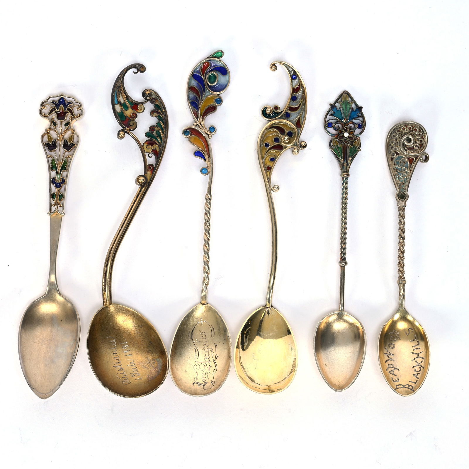 (6) Silver & Plique A Jour Spoons, Elaborate Handles (1 of 2)