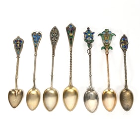 (7) Spoons, Silver And Plique A Jour