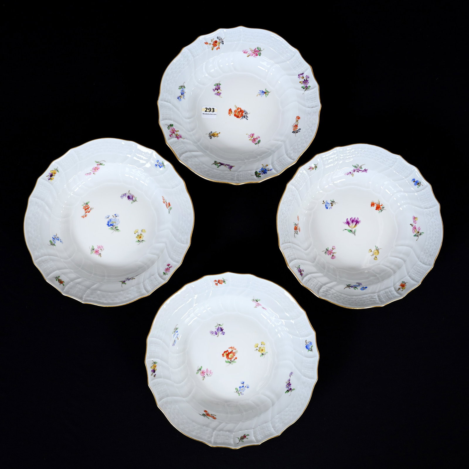 (4) Bowls, Meissen Blue Crossed Swords Mark: (4) Bowls, Meissen Blue Crossed Swords Mark, 9.25", Strewn Flowers Pattern, Frank Cox Estate, Denver, Colorado.