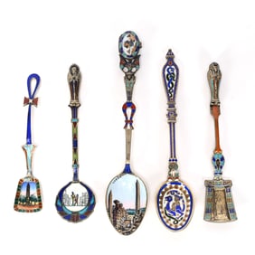 (5) Spoons, Egyptian Silver & Enamel Souvenir