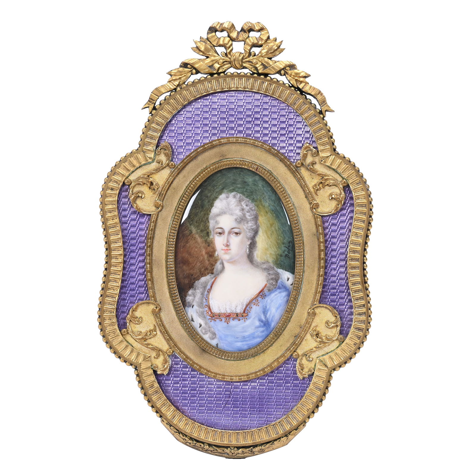 Hand Painted Portrait Of Woman: Hand Painted Portrait Of Woman, 8.25" x 5" overall, Mounted In Gilt Metal Frame With Guilloche Enamel Panels, One Of The Enamel Panels Has A Hard To See Crack, Frank Cox Estate, Denver, Colorado.