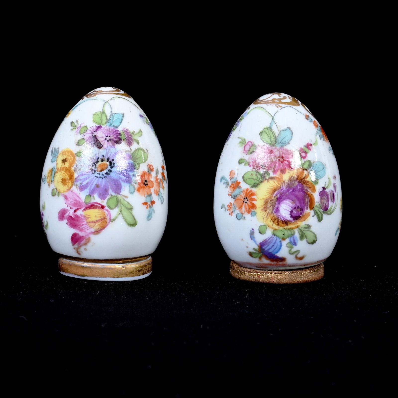 Pair Salt & Pepper Shakers Marked Dresden: Pair Salt & Pepper Shakers Marked Dresden, 2" x 1.5", Egg-Shaped, White With Colorful Floral Decor, One Has Replacement Base, Frank Cox Estate, Denver, Colorado.