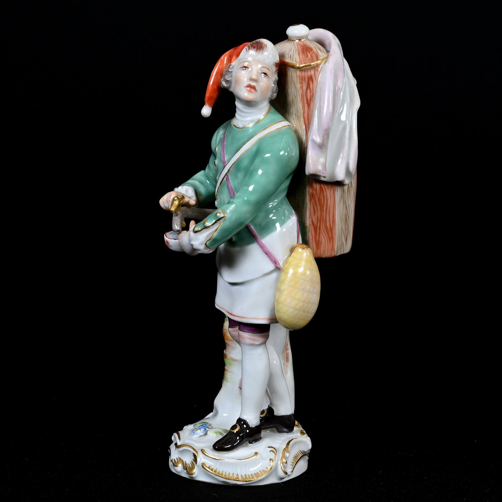 Figurine, Meissen Blue Crossed Swords Mark: Figurine, Meissen Blue Crossed Swords Mark, 6" x 2.5", "Parisian Crier", (Drink Vendor), Incised "21", Frank Cox Estate, Denver, Colorado.