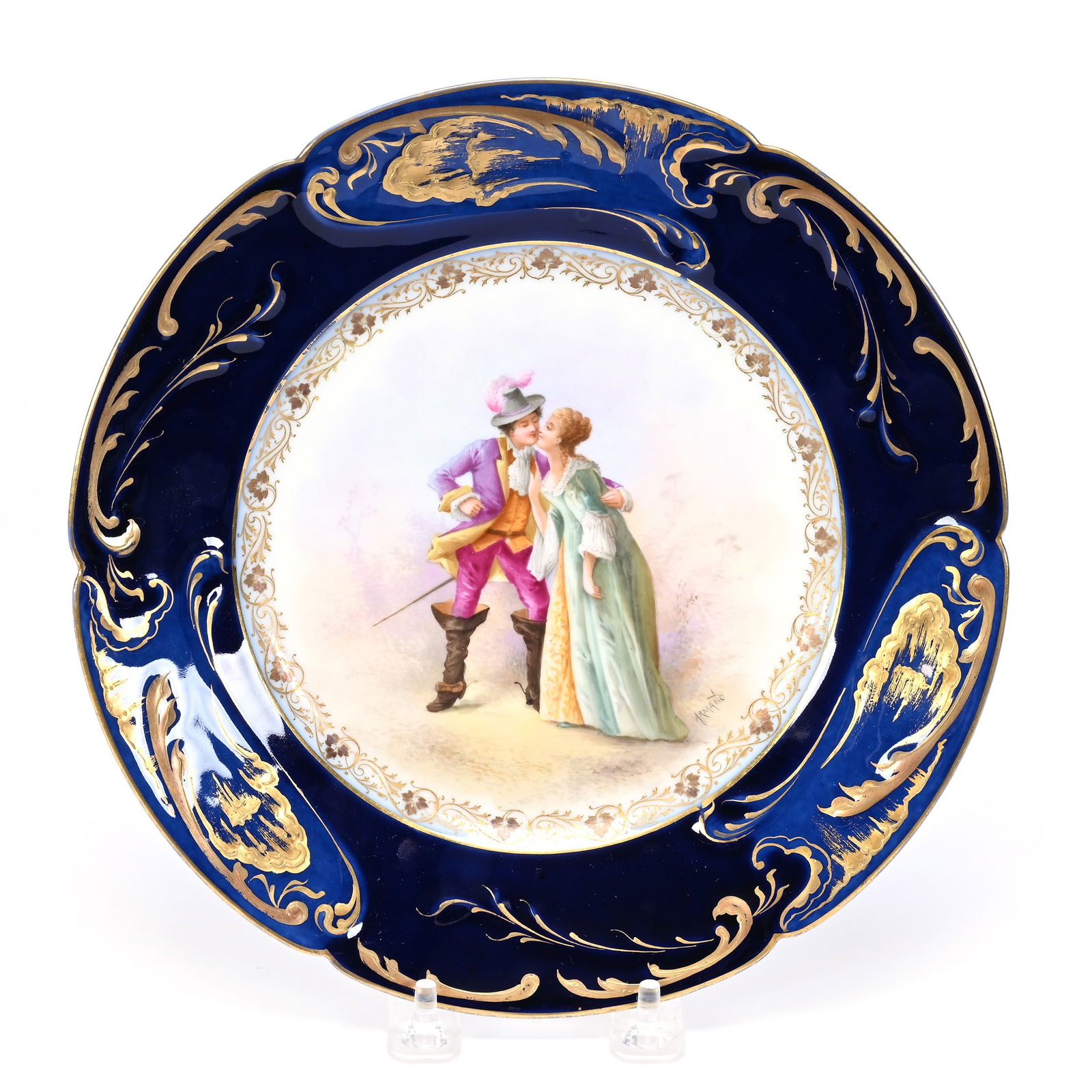 Plate Marked Theodore Haviland: Plate Marked Theodore Haviland, 9.25", Made For Burleigh & Company Chicago, Classic Courting Scene, Artist Signed, Cobalt Blue Border, Great Gold Highlights, Frank Cox Estate, Denver, Colorado.