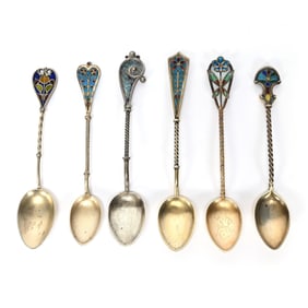 (6) Demitasse Spoons, Silver & Plique A Jour