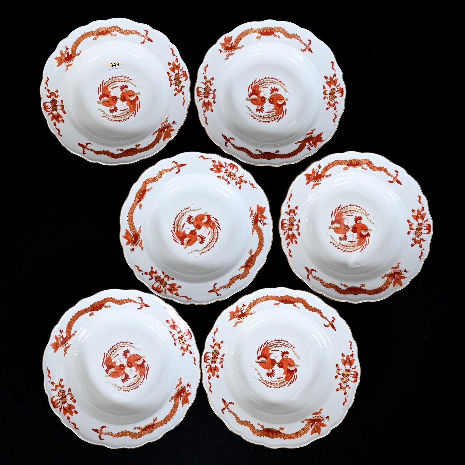 (6) Bowls, Meissen Blue Crossed Swords Mark: (6) Bowls, Meissen Blue Crossed Swords Mark, 9.5", Red Dragon Decor, Frank Cox Estate, Denver, Colorado.