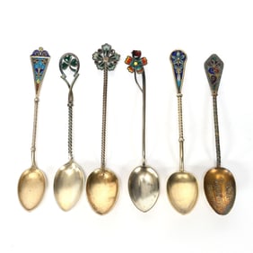 (6) Demitasse Spoons, Silver & Plique A Jour