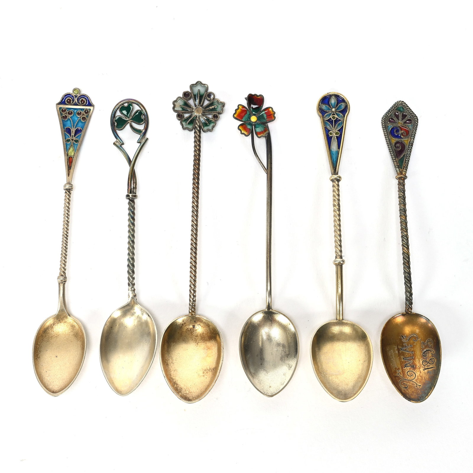 (6) Demitasse Spoons, Silver & Plique A Jour: (6) Demitasse Spoons, Silver & Plique A Jour, 4.25" approximately, See Photos For Details, Frank Cox Estate, Denver, Colorado.