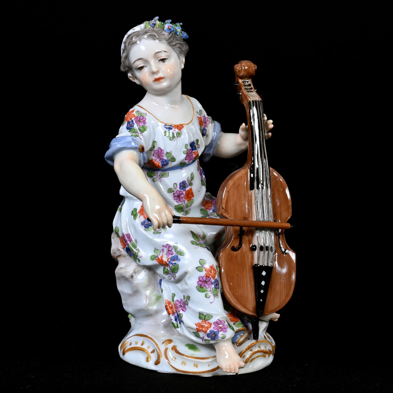 Figurine, Meissen Blue Crossed Swords Mark: Figurine, Meissen Blue Crossed Swords Mark, 5" x 2.5", Young Girl Playing Cello (Chello), Professional Touch-Up, Frank Cox Estate, Denver, Colorado. UPDATED 8/5/24: Updated Name Of Instrument In Descr