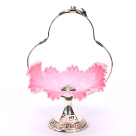 Victorian Brides Basket, Pink Satin Art Glass Bowl