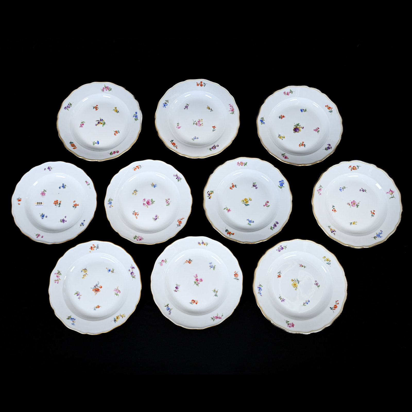 (10) Plates, Meissen Blue Crossed Swords Mark: (10) Plates, Meissen Blue Crossed Swords Mark, 9.5", Strewn Flowers Pattern, Frank Cox Estate, Denver, Colorado.