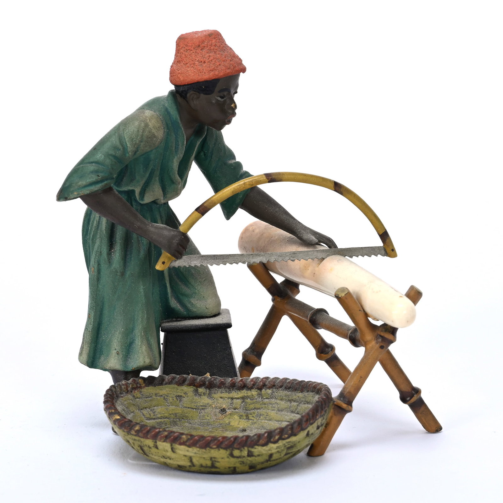 Figurine Marked Austria, Bronze, Cold Painted: Figurine Marked Austria, Bronze, Cold Painted, 4.5" x 4", Nubian Craftsman With Tusk, Frank Cox Estate, Denver, Colorado.