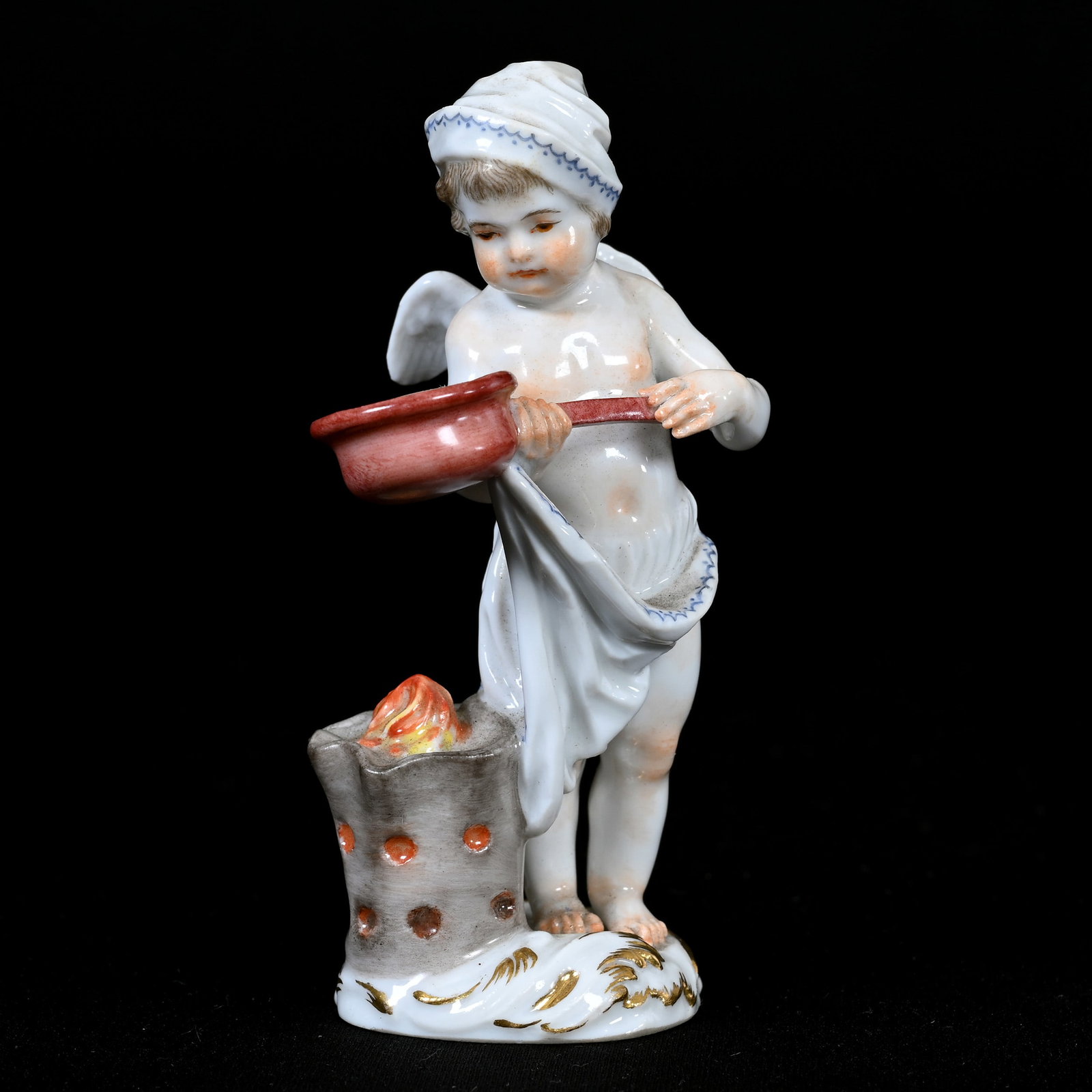 Figurine, Meissen Blue Crossed Swords Mark: Figurine, Meissen Blue Crossed Swords Mark, 4" x 2", Cherub Chef, Incised "23", Frank Cox Estate, Denver, Colorado.