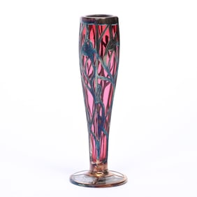Bud Vase, Cased Cranberry Art Glass, Sterling Overlay