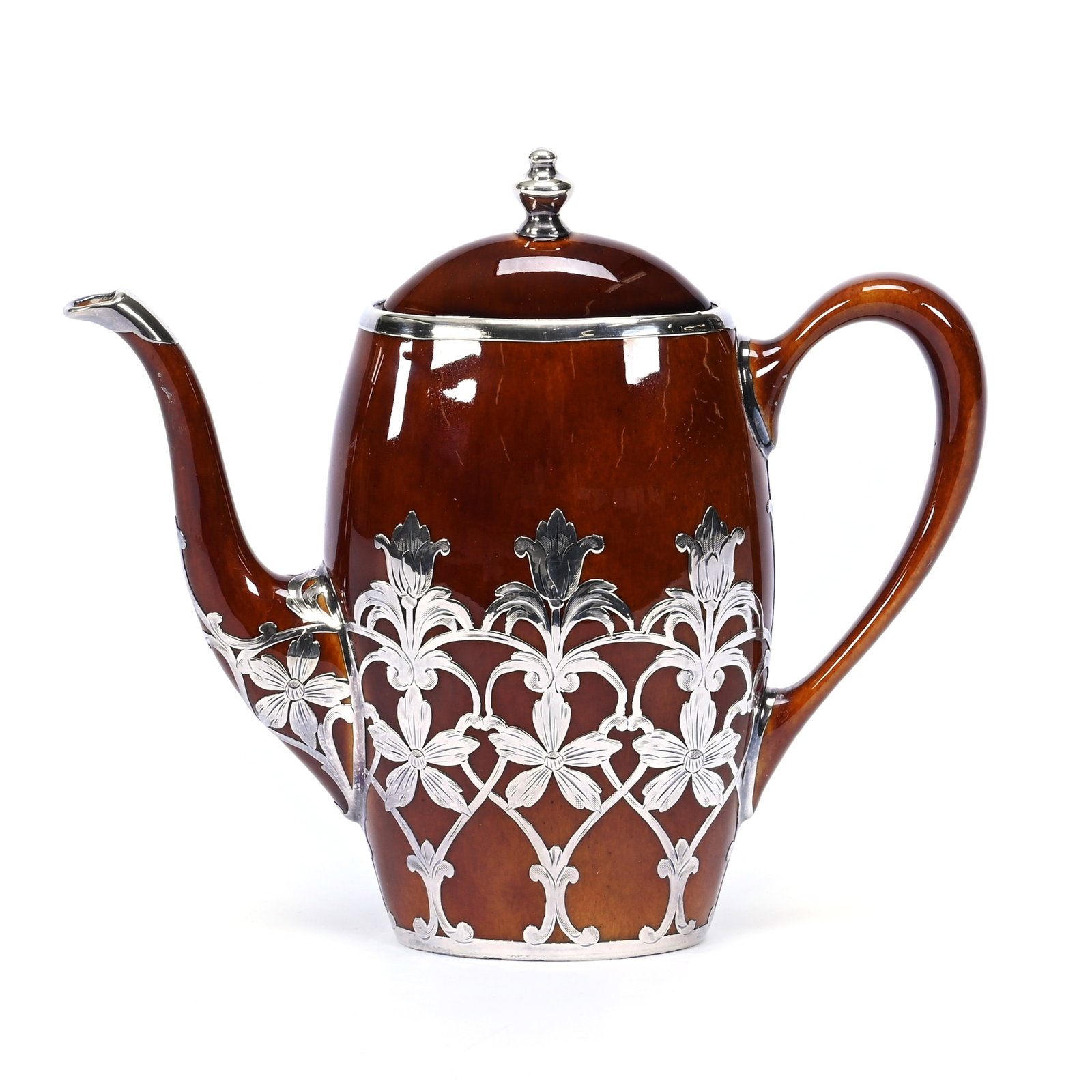 Tea Pot Marked Lenox, Sterling Overlay: Tea Pot Marked Lenox, Sterling Overlay, 6.75" x 7.75", Brown Glaze, Sterling Floral Overlay, Hard To See Hairline In Base, Nicks Under Rim Of Lid, Frank Cox Estate, Denver, Colorado.