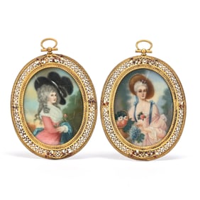 Pair Portraits In Elaborate Gilt Metal & Enamel Frames