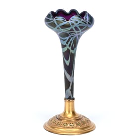 Vase, Gilt Metal Base Marked Tiffany