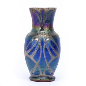 Vase, Unmarked Loetz Style, Sterling Overlay