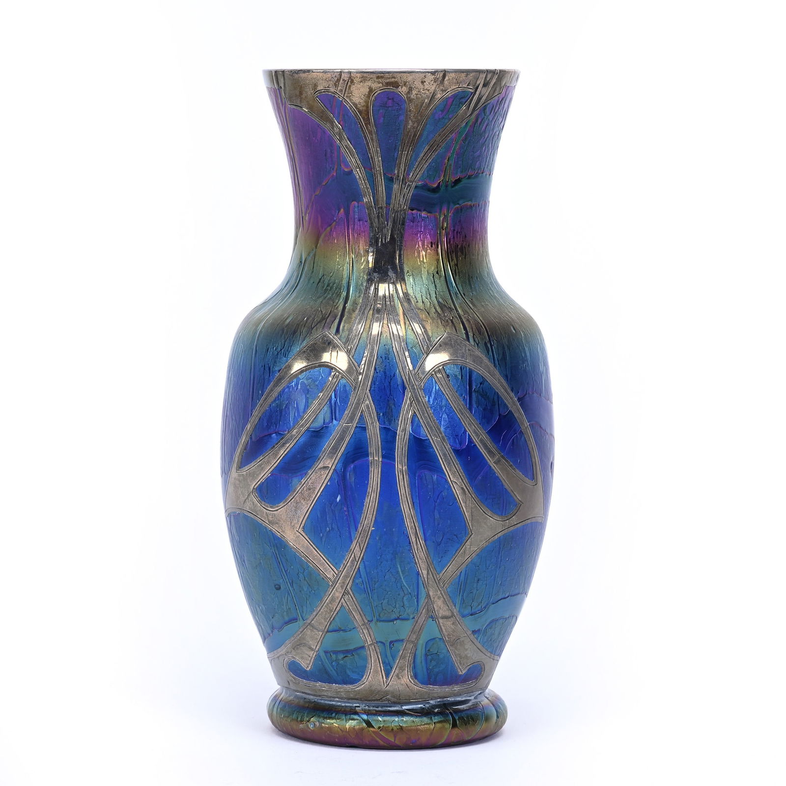 Vase, Unmarked Loetz Style, Sterling Overlay (1 of 3)
