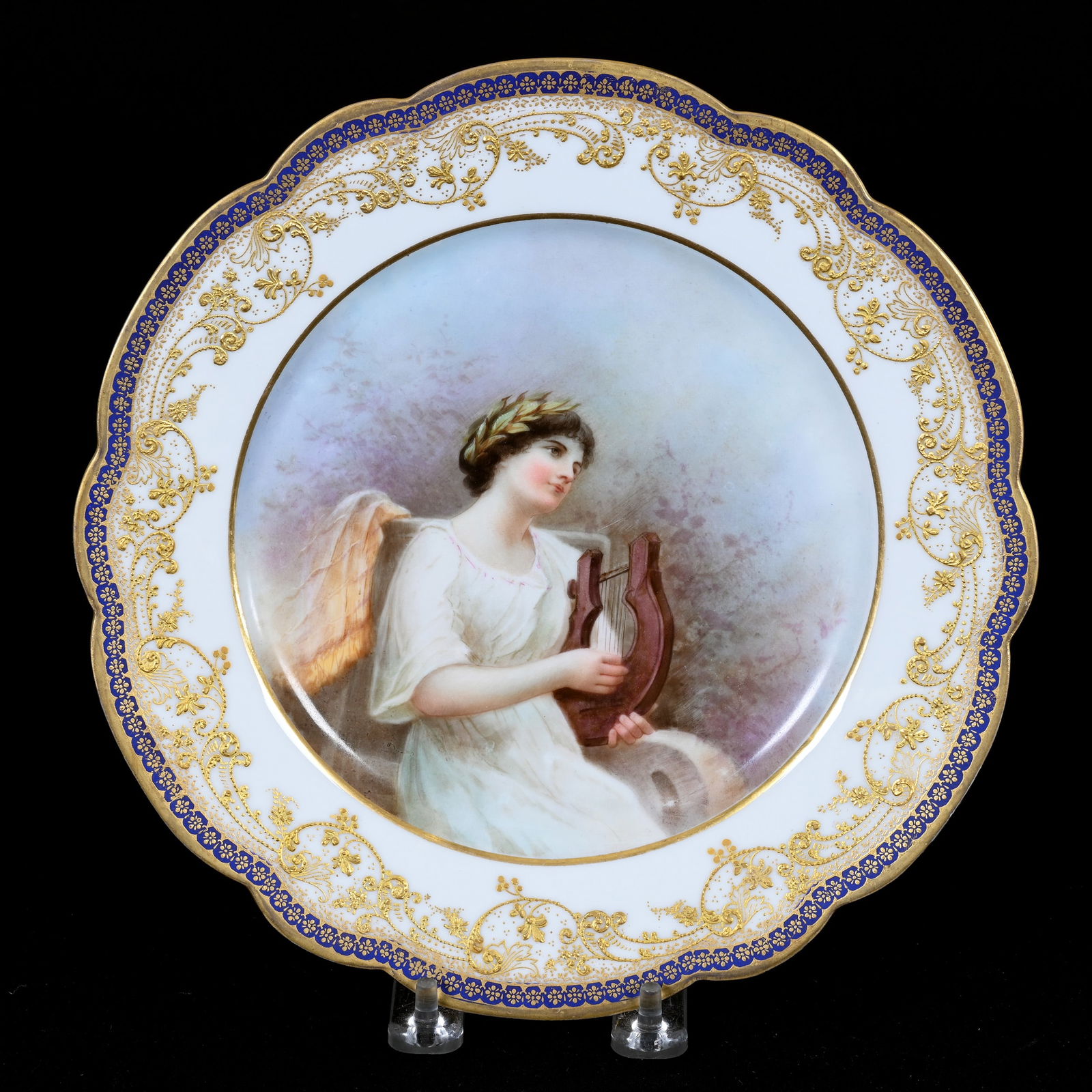 Plate, French Porcelain With Jeweler's Label: Plate, French Porcelain With Jeweler's Label, 9.5", "Raphael Weill & Company San Francisco", Plate Titled "Mignon", White And Cobalt Blue Border With Extensive Gold Highlights, Base Chip, Frank Cox Es