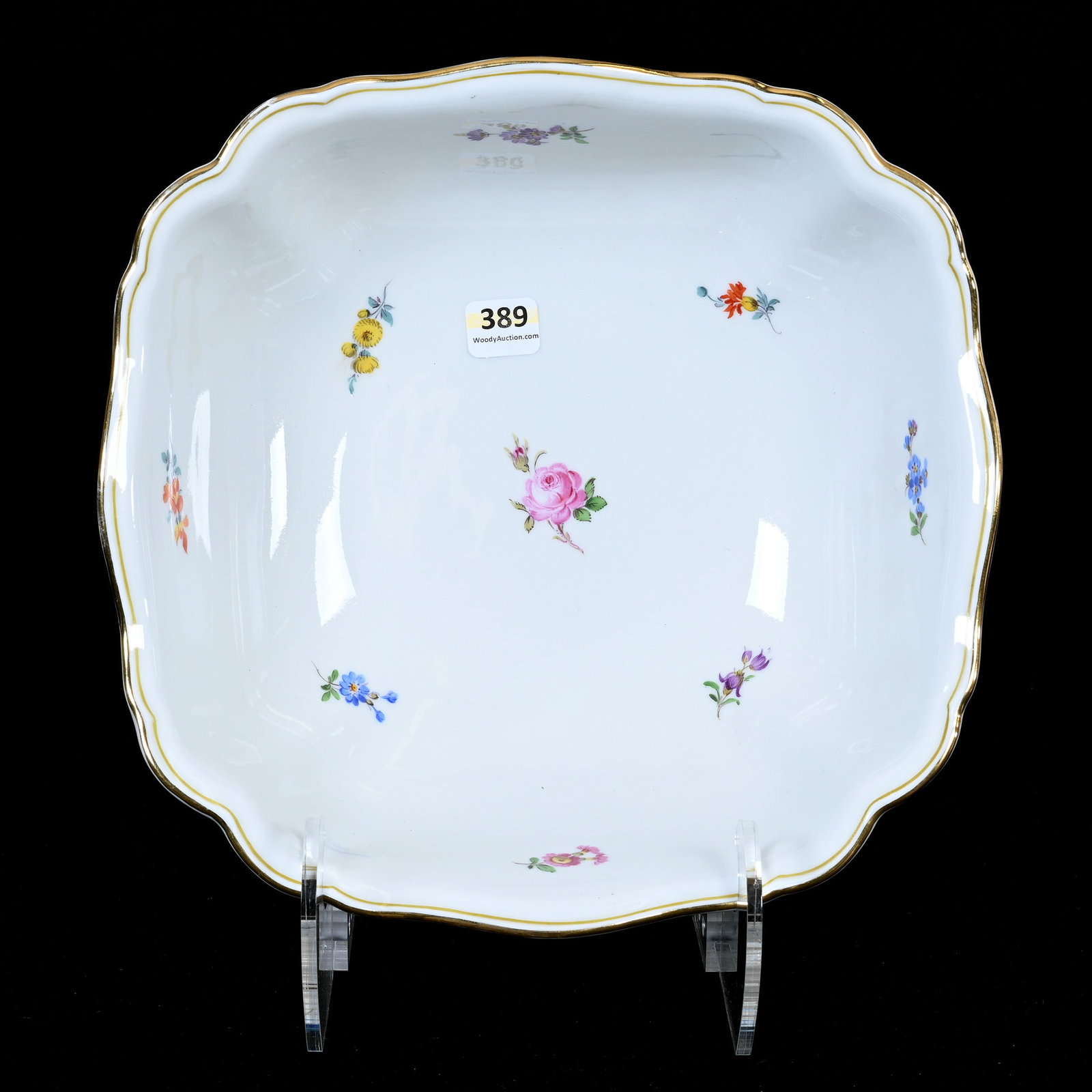 Square Bowl, Meissen Blue Crossed Swords Mark: Square Bowl, Meissen Blue Crossed Swords Mark, 3.75" x 10.5", Strewn Flowers Pattern, Frank Cox Estate, Denver, Colorado.